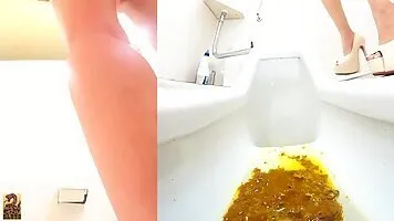 Asian girls poop in a public toilet compilation 4