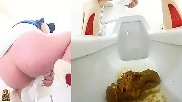Asian girls poop in a public toilet compilation 6