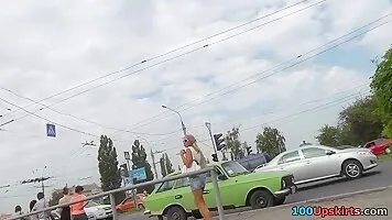 Charming golden-haired in outdoor upskirt vid