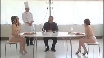 Two jap women Enema in diapers at dinner