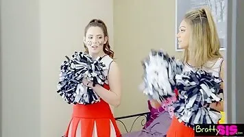 Two Slutty Teen Cheerleader Cosplay Girls Fucking In A Threesome