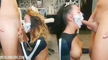 Two Skeleton Cosplay Sluts Fucked In a Foursome On Halloween