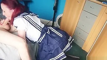 Teen schoolgirl cosplayer gives POV blowjob and cum dribble