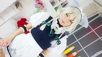 Shy Japanese Neko cosplayer playing with her pussy