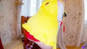 Ryza cosplayer sucks off a dildo and tittyfucks it