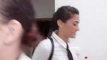 MILF catches schoolgirl cosplayer masturbating and fucks her with strap on