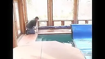 Maid cosplayer gets spanked by her mistress after getting caught fucking the pool boy