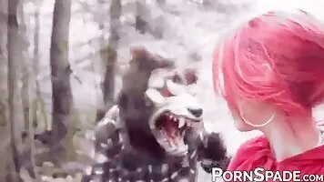 Little Red Riding Hood cosplayer has her pussy filled in the woods