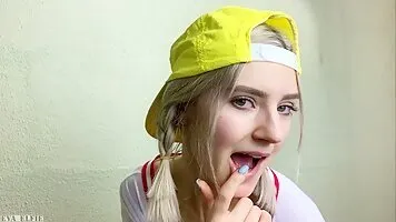 Horny Cheerleader cosplayer sucks big cock gets her tits covered in cum