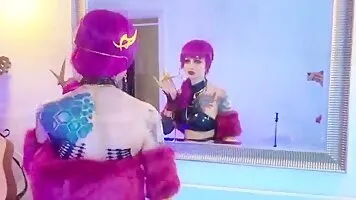 Evelynn cosplayer from League of Legends gets double penetrated with dick and dildo