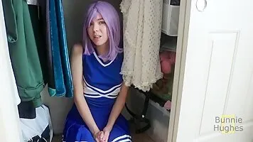 Flexible cheerleader cosplayer fucks herself in the closet with a dildo and gets cum everywhere