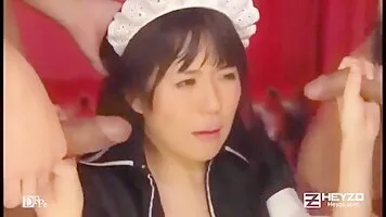 Cute Asian maid cosplayer gets fucked by her boss and his friends