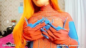 Big tits Spider Girl cosplayer fingering her wet pussy on cam