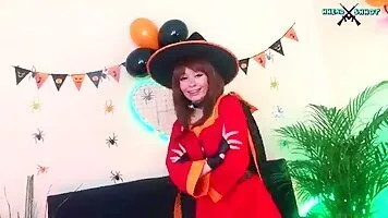 Alicebong cosplaying a sexy witch warms herself up with a dildo before getting fucked