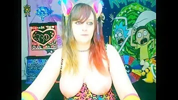 Adorable Neko Cosplayer With Multicoloured Hair Showing Off Her Body and Playing With Her Vibrator